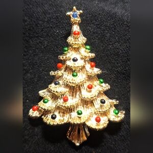 Vintage GERRY'S Goldtone Christmas Tree Brooch with Colorful Accents